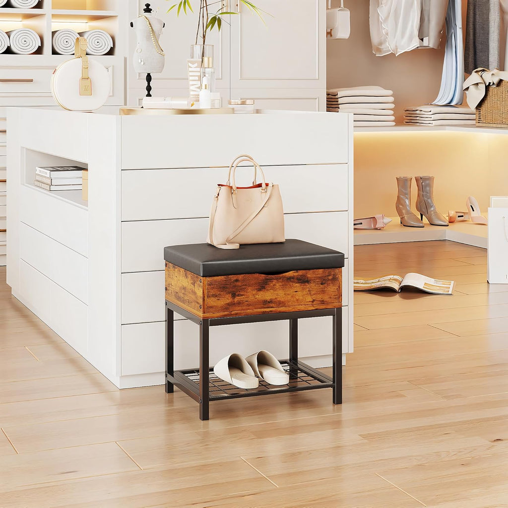 Small Shoe Storage Bench with Padded Seat, Vintage Brown Leather Top & Metal Frame Stool, Small Shoe Rack for Kids, Waterproof Durable Hallway Seat