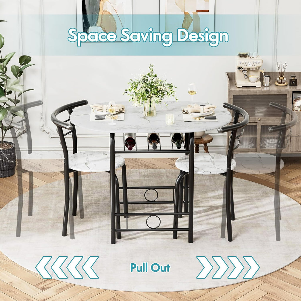Flamaker Dining Table for 2, 3 Piece Round Table & Chair Set, Small Kitchen Table for Breakfast Nook, Wood Grain Tabletop & Built-in Storage Rack, Space Saving for Kitchen, Dining Room (White & Black)