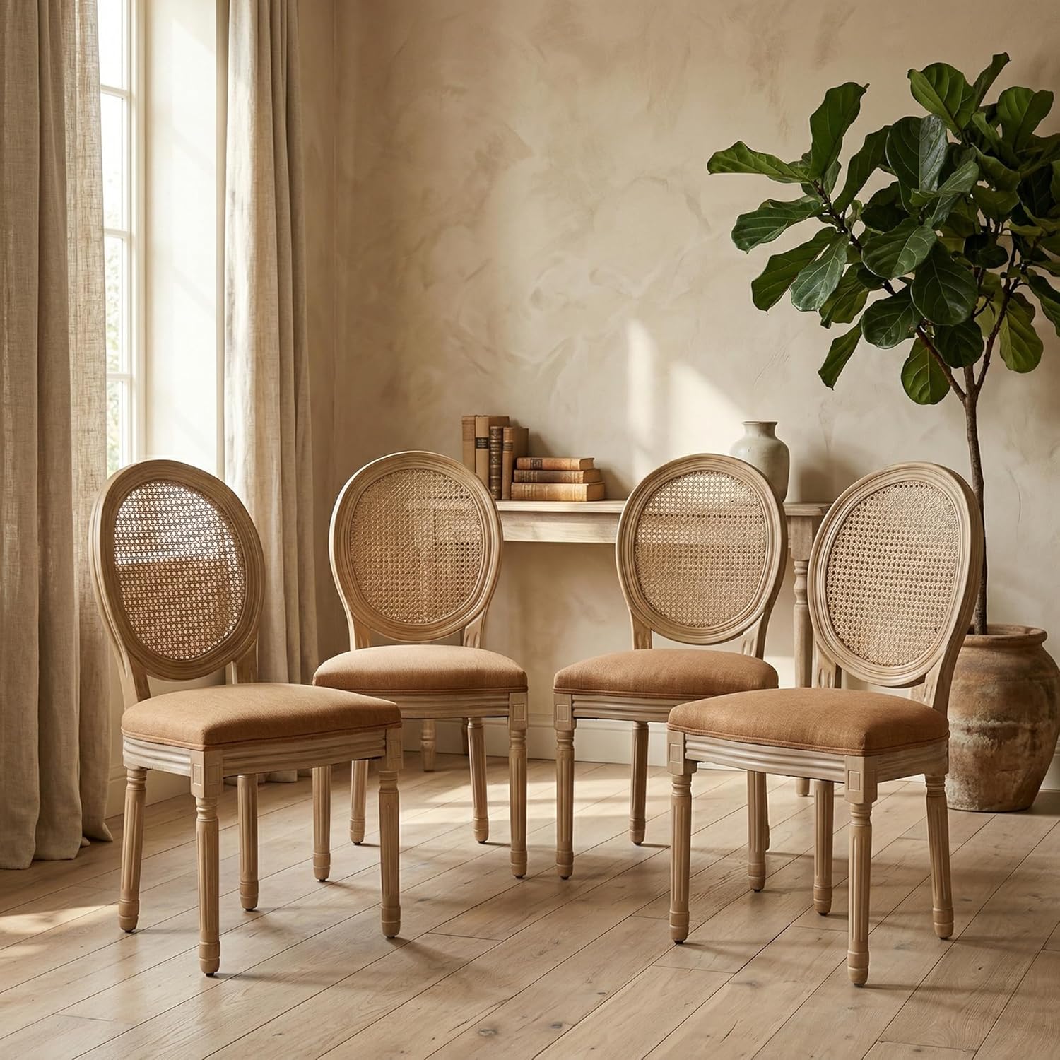 Vintage French Country Dining Chairs Set of 4, Farmhouse Rattan Dining Room Chairs with Round Back, Linen Upholstered Seat & Carved Solid Wood Legs, Sillas de Comedor, Kitchen Dining Chairs (Tan)
