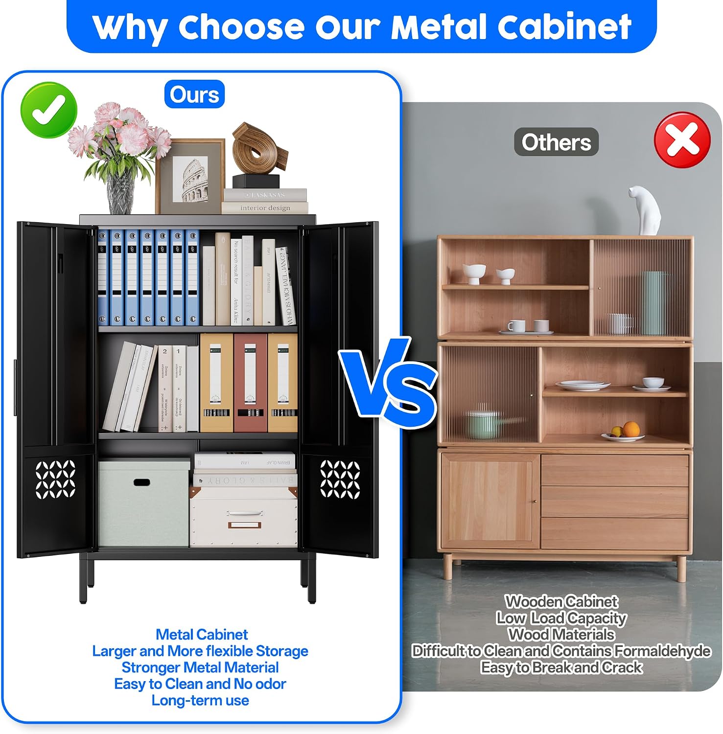 Metal Storage Cabinet with 2 Adjustable Shelves,Metal Buffet Sideboard Cabinet with 2 Doors for Home,Office, 42" H x 26" W x 14" D,Assembly Required,Black