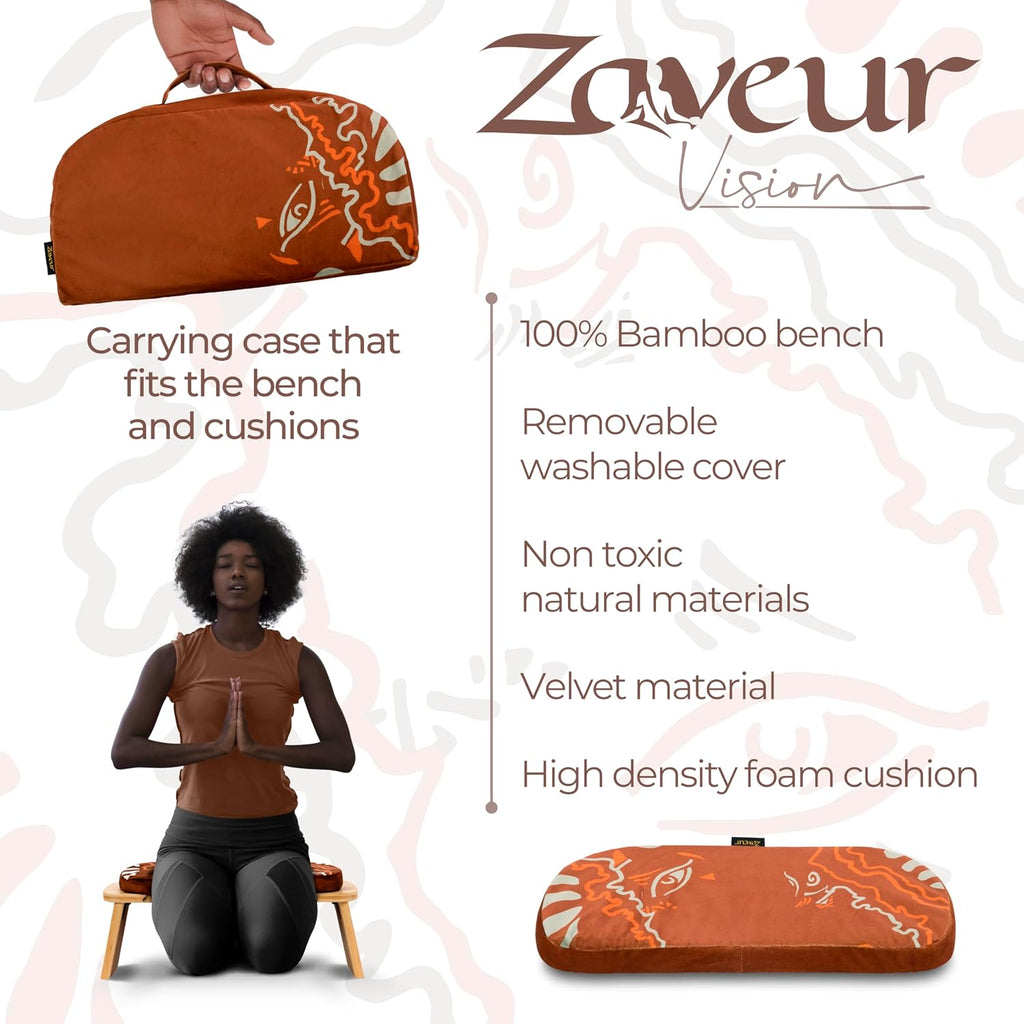 Zaveur Bamboo Meditation Bench with Cushion - Foldable Bench for Multiple Seating Angles - Kneeling Chair Meditation Stool - Yoga Chair Prayer Bench for Deeper and Longer Meditation - Brown