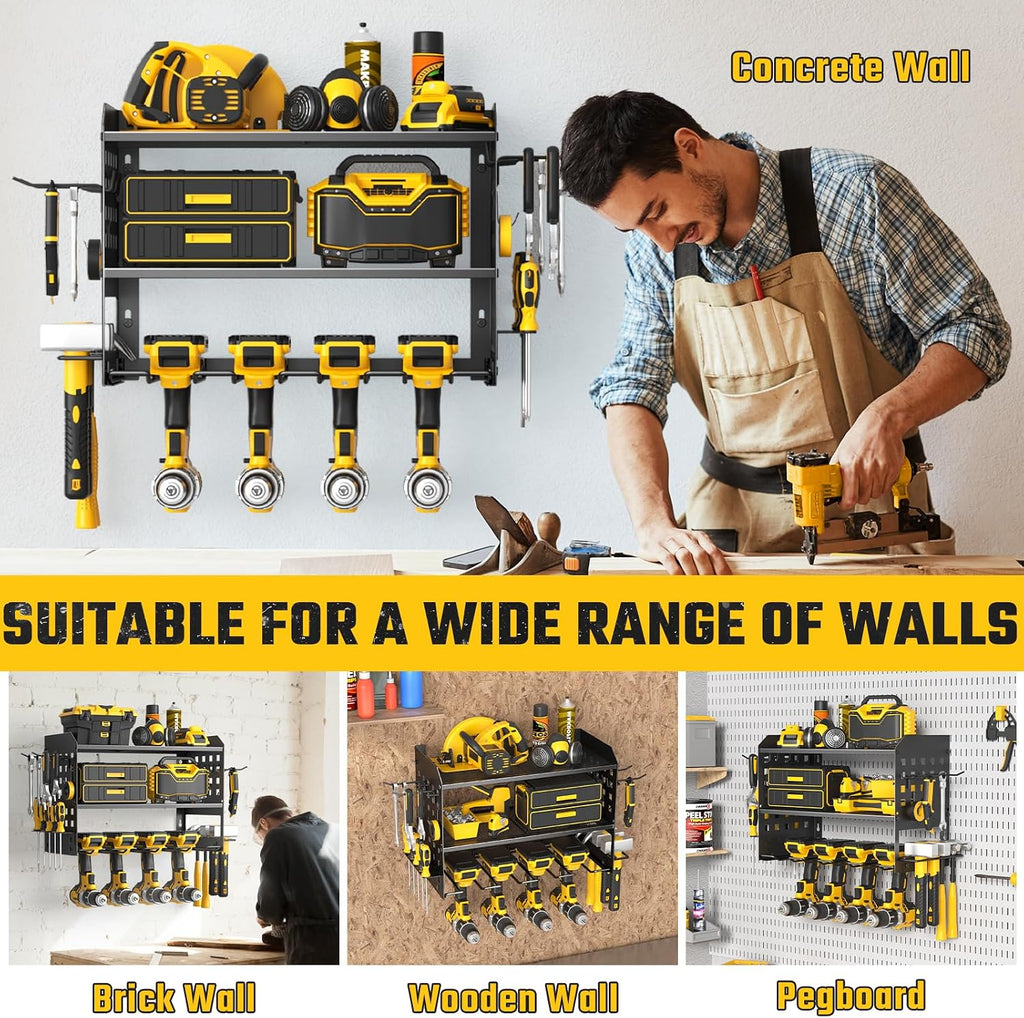 SUNALLY Power Tool Organizer, Heavy Duty Wall Mount Tool Organizer 3 Layers with 4 Drill Holders, Garage Tools Storage Rack with 2 Side Pegboards and Hooks for Workshop, Shed, Black