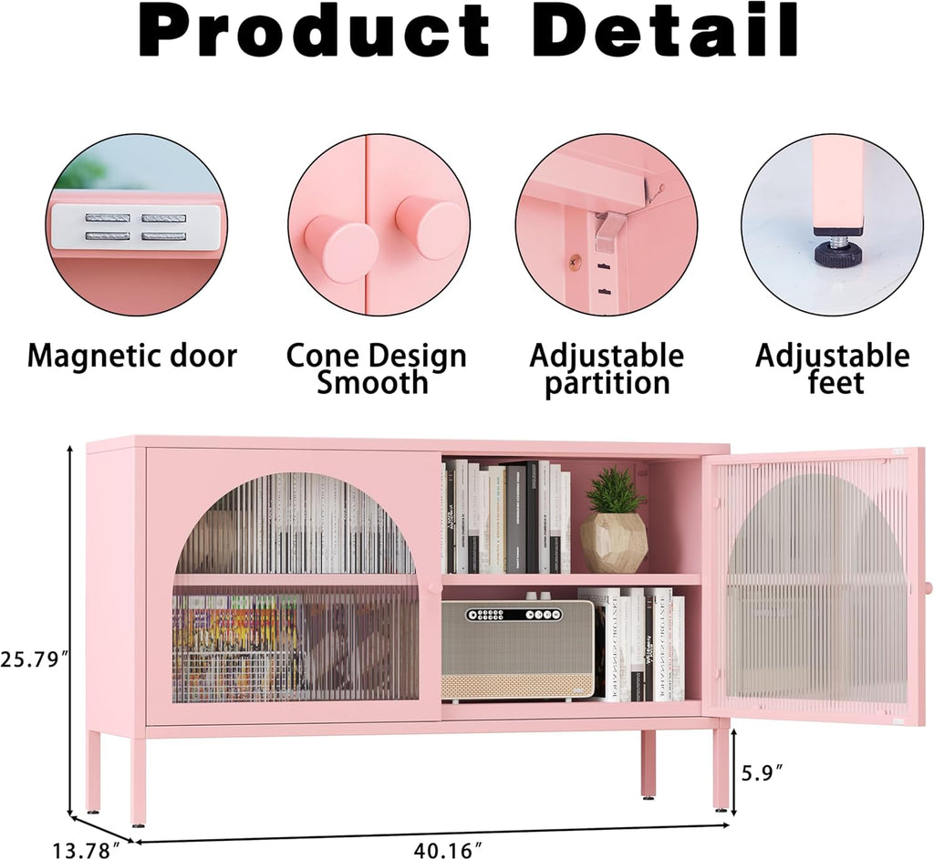 Metal TV Stand, Accent Storage Cabinet with 2 Acrylic Doors, Pink Locker Cabinet with Adjustable Shelf, Side Cabinet for Home,Office,Entryway,Dining/Living Room,Bedroom,Pink