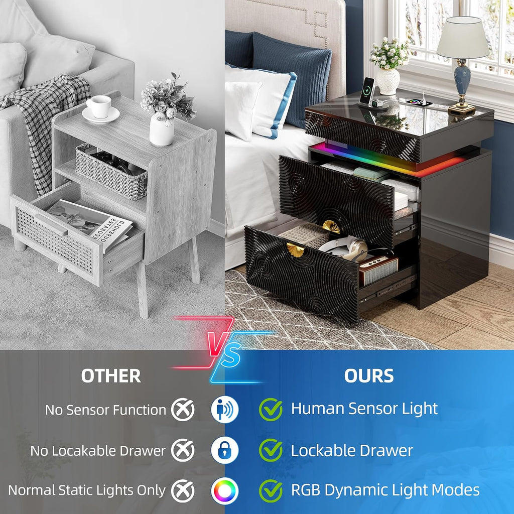WOOVIVS Bedside Table with 2 Drawers and Sliding Top, RGB Color Changing Lights Sync with Music Rhythm, Lockable Night Stand with Secure Hidden Storage for Bedroom(Black)