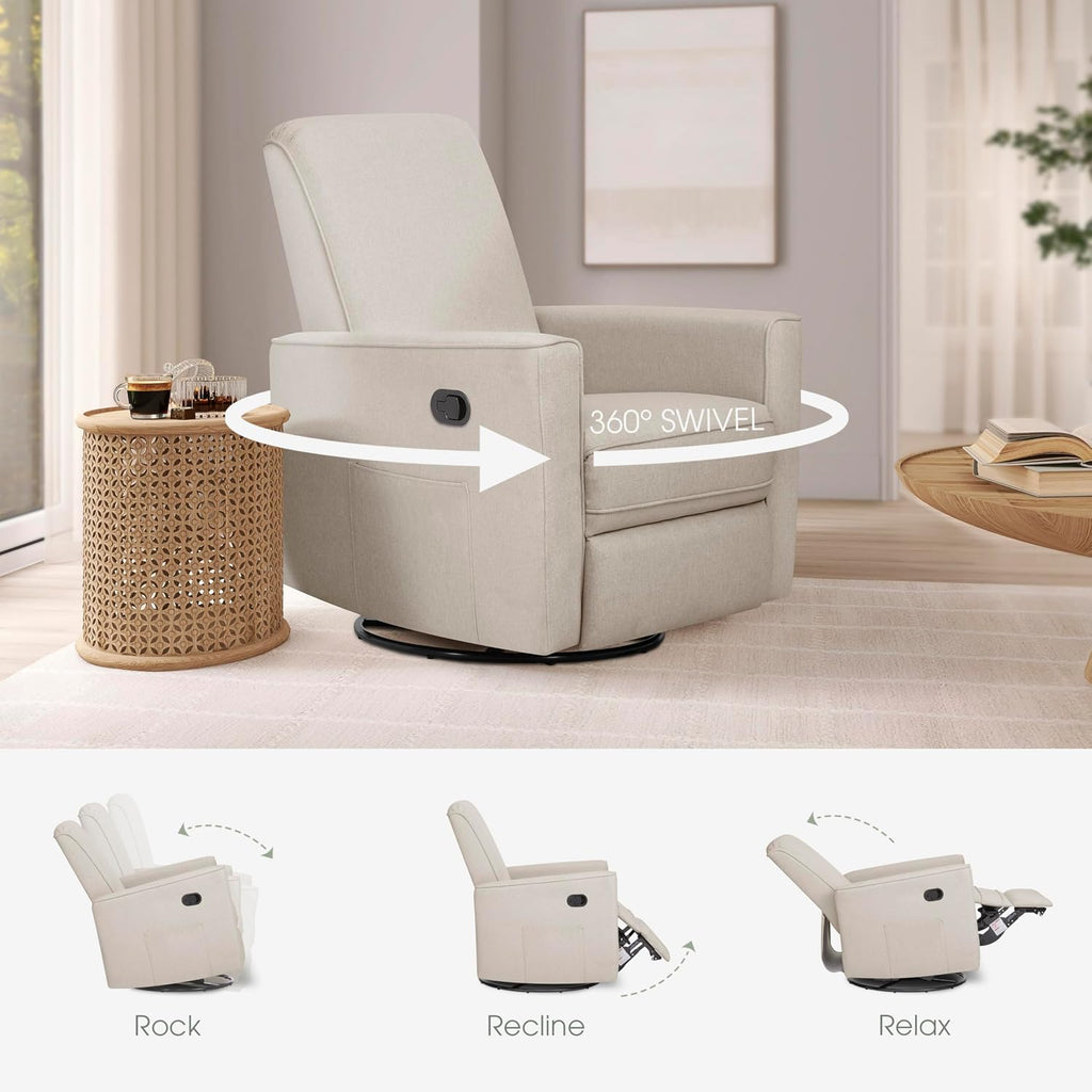 Evolur Raleigh Upholstered Manual Glider Recliner– Rocking & 360° Swivel with Smooth Glide – Greenguard Gold & FSC Certified – Modern Nursery and Living Room Chair in Light Sand