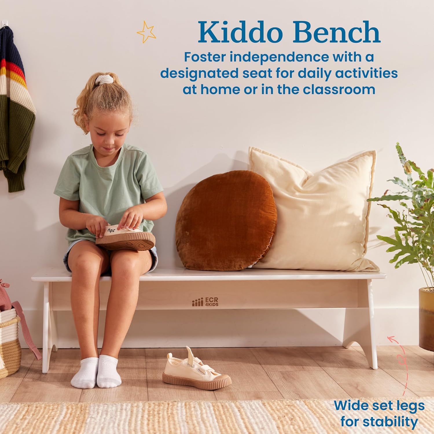 ECR4Kids Kiddo Classroom Bench, 12in Seat Height, Wooden, Children's Furniture, White Wash
