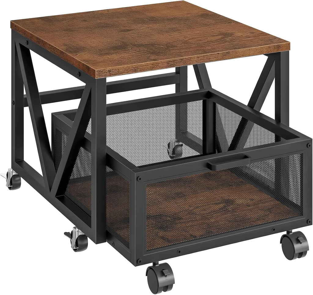 HOOBRO Mini Fridge Stand with Movable Storage Basket and Wheels, Mini Fridge Cabinet with Wheels, Sturdy Metal Frame, for Home, Office, Dorm, Rustic Brown and Black BF255TL01