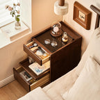 Solid Wood End Table with Glass Top and Drawers, Narrow Nightstand with Pull-Out Tray, Unique Bedside Table, Small Side Table with Storage for Bedroom, Living Room, Walnut