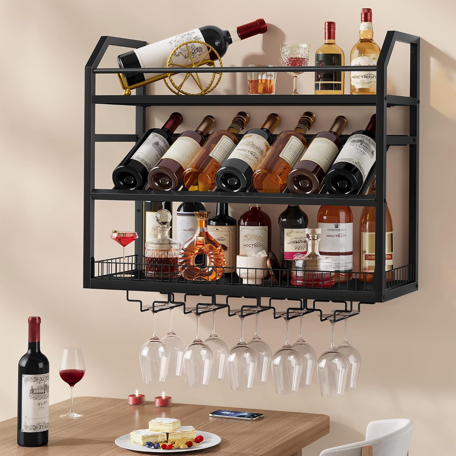 Hoctieon Wall Mount Wine Rack, Wall Mounted Wine Bottle Rack for Display and Storage, Hanging Bottle Holder, for Living Room, Dining Room, Bar, Wine Cellar, Black