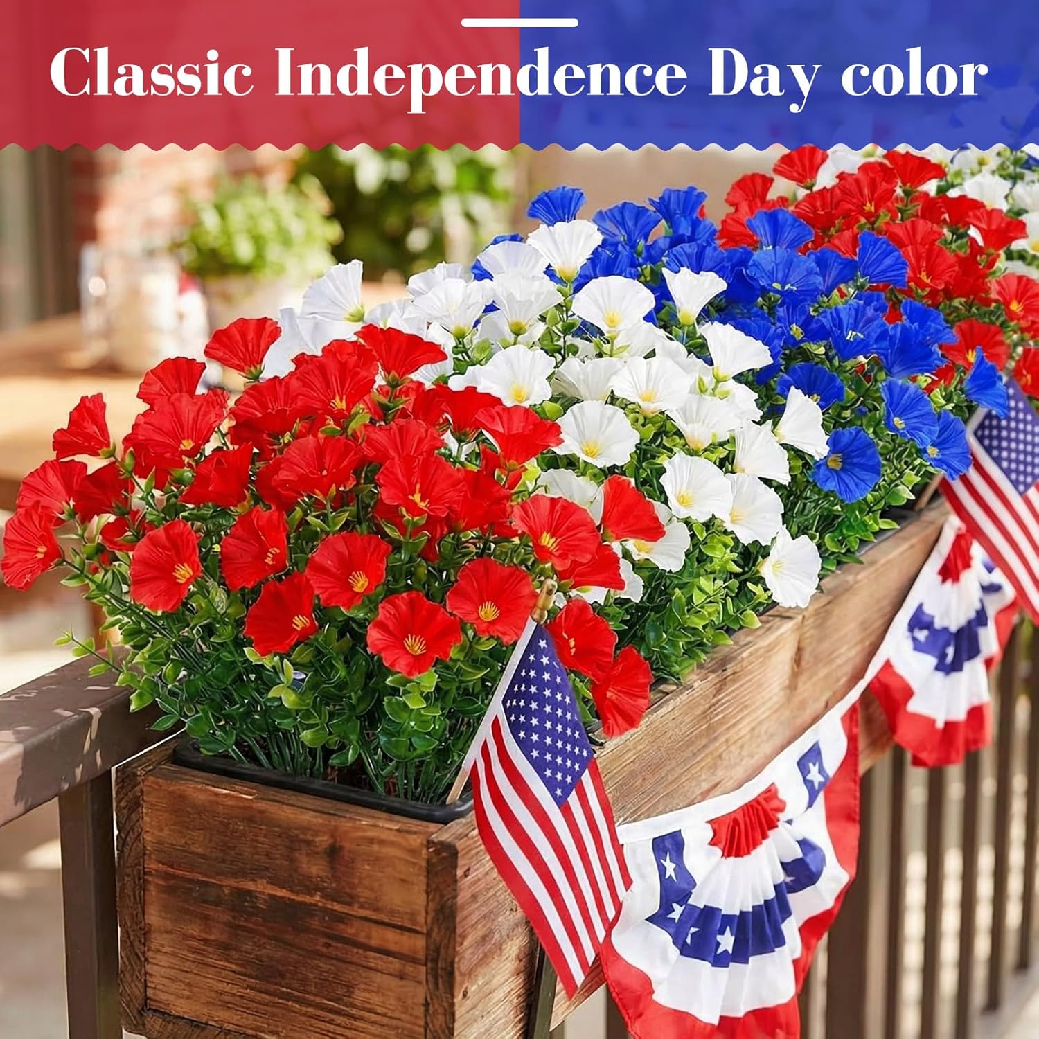 12 Pcs Red White Blue Artificial Flower Outdoor UV Resistant Petunias Patriotic Silk Flower 4th of July Decor USA Independence Short Stem Faux Cemetery Flowers Pot Window Garden 250 Anniversary Decor