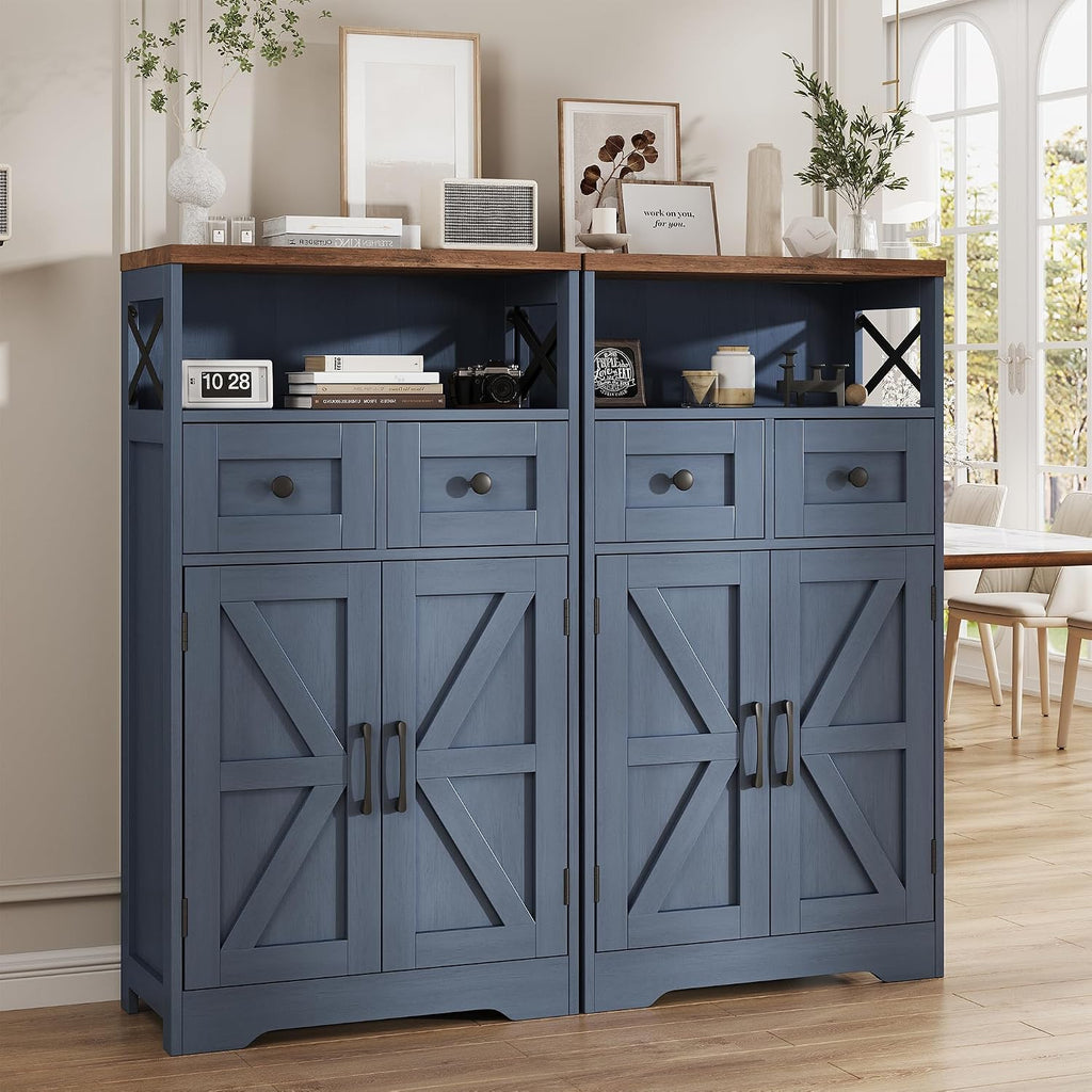 FiveWillowise Farmhouse Blue Storage Cabinet with Barn Doors and Drawers, Small Freestanding Kitchen Pantry Cabinet, Hutch Cupboard for Kitchen, Laundry, Living Room,Bathroom