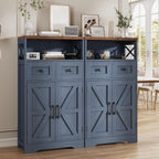 FiveWillowise Farmhouse Blue Storage Cabinet with Barn Doors and Drawers, Small Freestanding Kitchen Pantry Cabinet, Hutch Cupboard for Kitchen, Laundry, Living Room,Bathroom