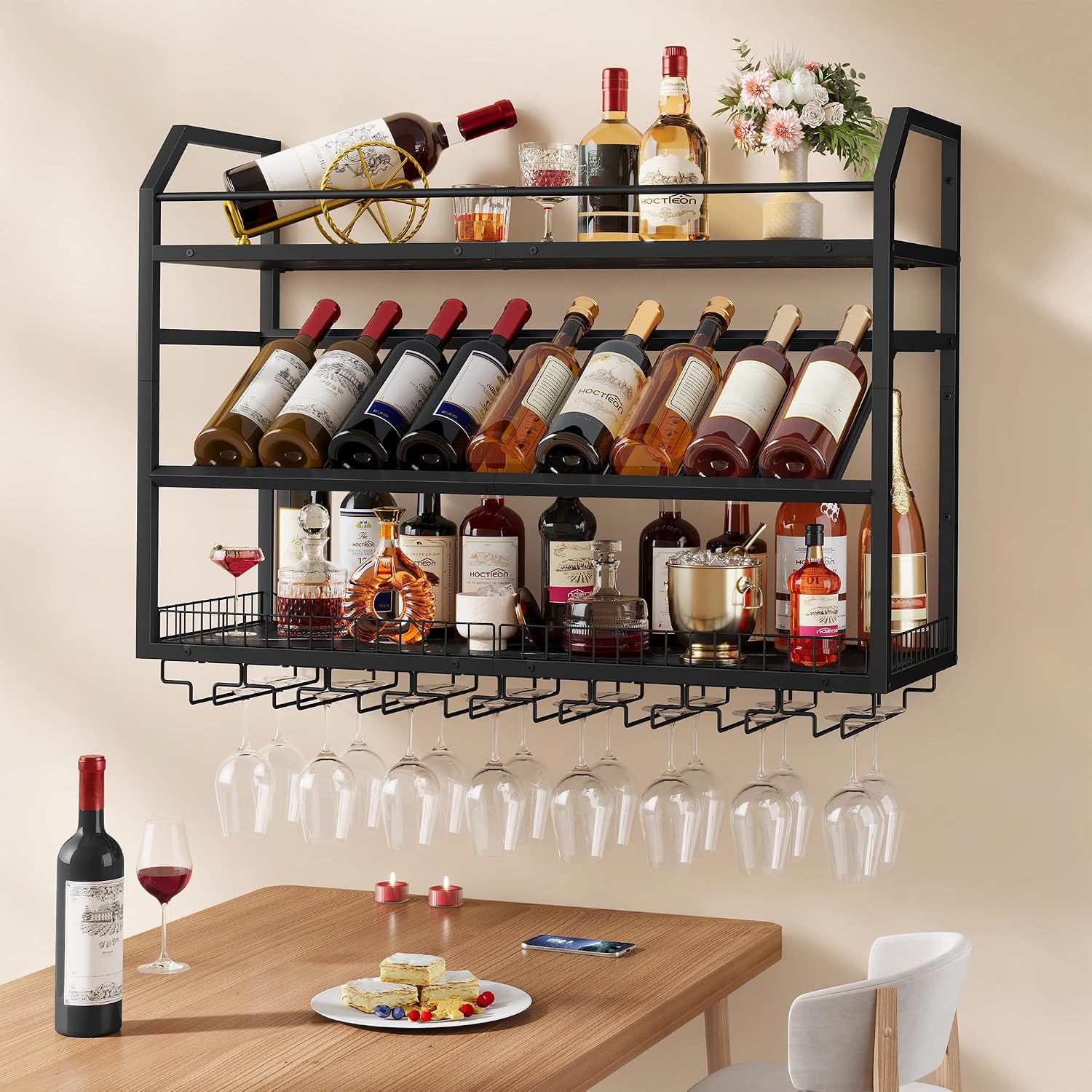 Hoctieon Wall Mounted Wine Rack, 31.5" Wall Wine Rack for Display and Storage, Hanging Bottle Holder, for Living Room, Dining Room, Bar, Wine Cellar, Rustic Brown