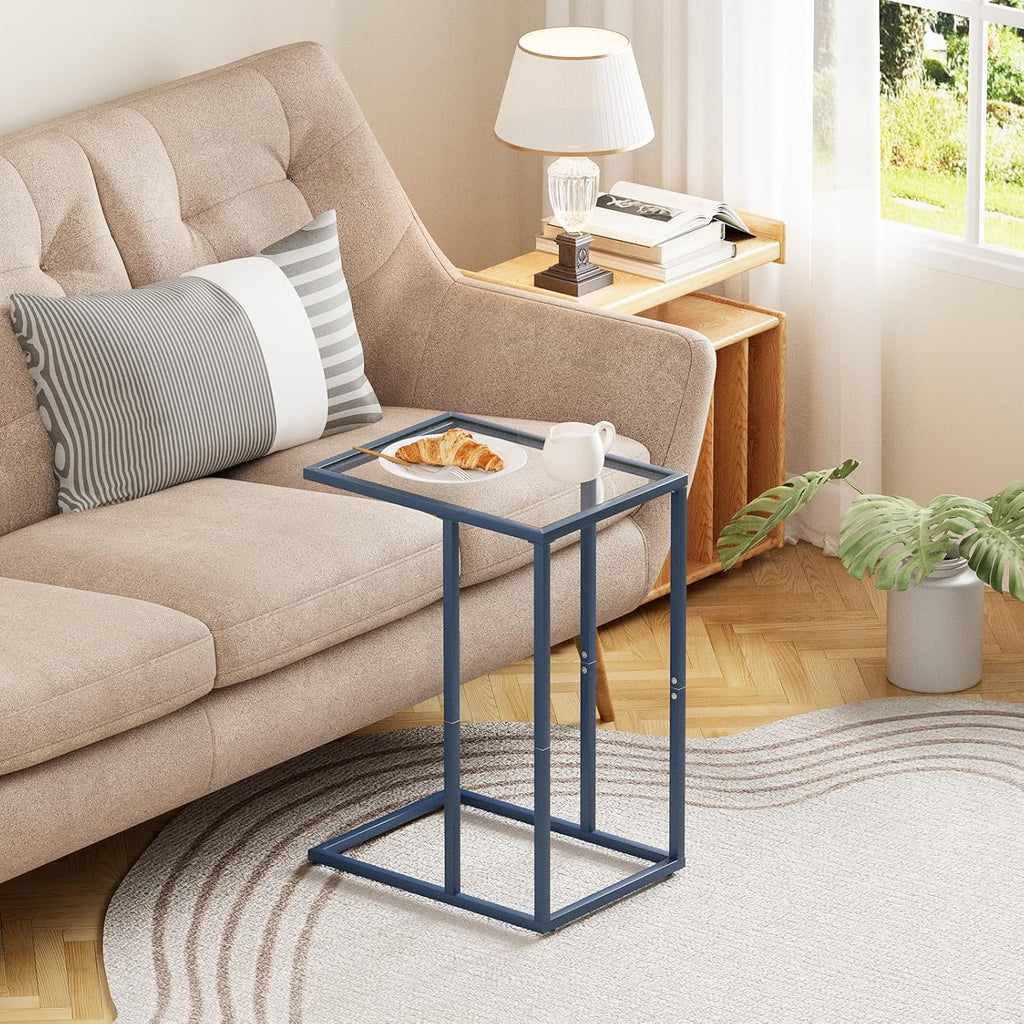 Easy Paws C Table End Table Set of 2, Glass Couch Side Table, Tempered Glass Snack Table with Metal Frame, TV Tray Table for Small Space, Sofa Couch Side Tableand Bed Side Table(Blue)