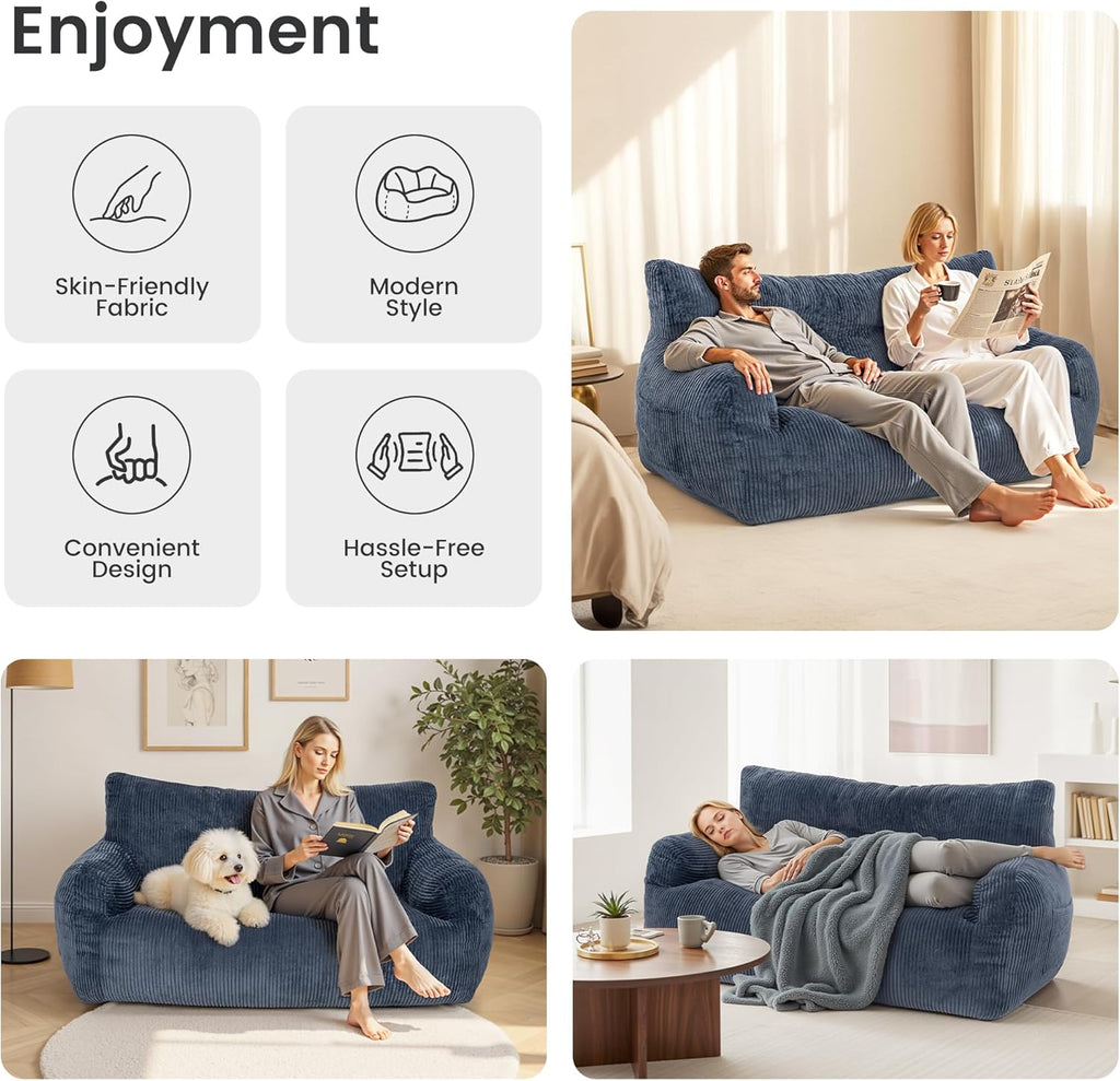 Pamapic 59" Bean Bag Chair,2 Seat Loveseat Sofa,Ultra Soft Dutch Velvet,Fluffy Comfort Washable Cover,Corduroy Lazy Sofa Bed for Adults,Fit Living Room, Bedroom,Outdoor Spaces,72h Rebound,Blue