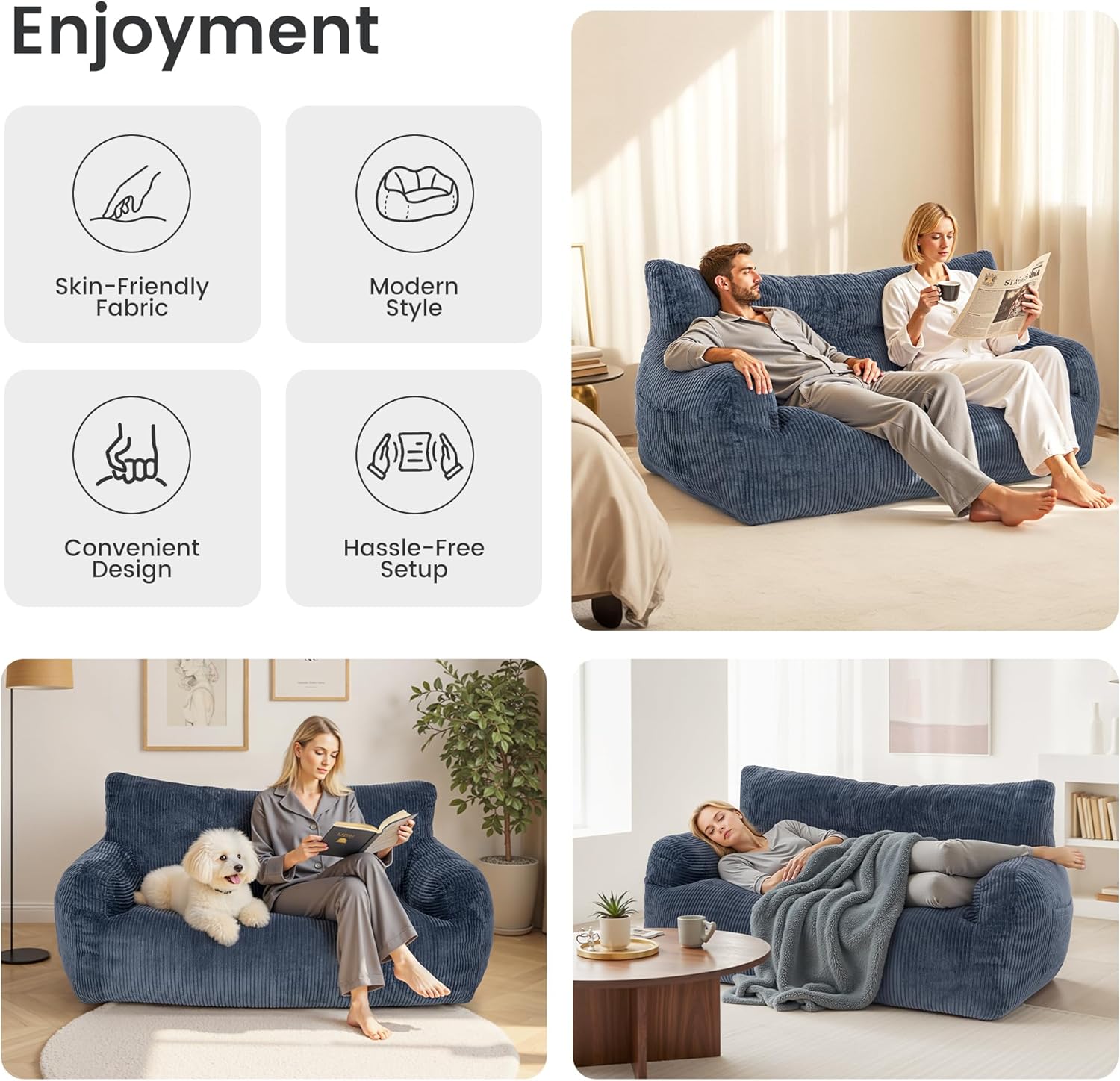 Pamapic 59" Bean Bag Chair,2 Seat Loveseat Sofa,Ultra Soft Dutch Velvet,Fluffy Comfort Washable Cover,Corduroy Lazy Sofa Bed for Adults,Fit Living Room, Bedroom,Outdoor Spaces,72h Rebound,Blue
