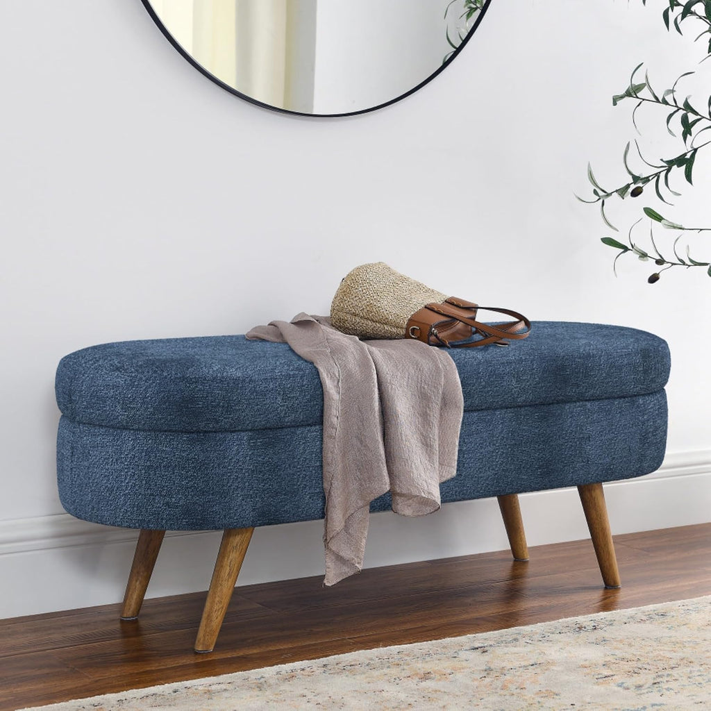 Oval Storage Ottoman Bench, Linen Upholstered Hidden Storage Footstool, Multi-Functional End of Bed Bench for Entryway Living Room Bedroom, Modern Home Decor Furniture (Dark Blue)