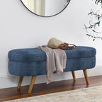 Oval Storage Ottoman Bench, Linen Upholstered Hidden Storage Footstool, Multi-Functional End of Bed Bench for Entryway Living Room Bedroom, Modern Home Decor Furniture (Dark Blue)