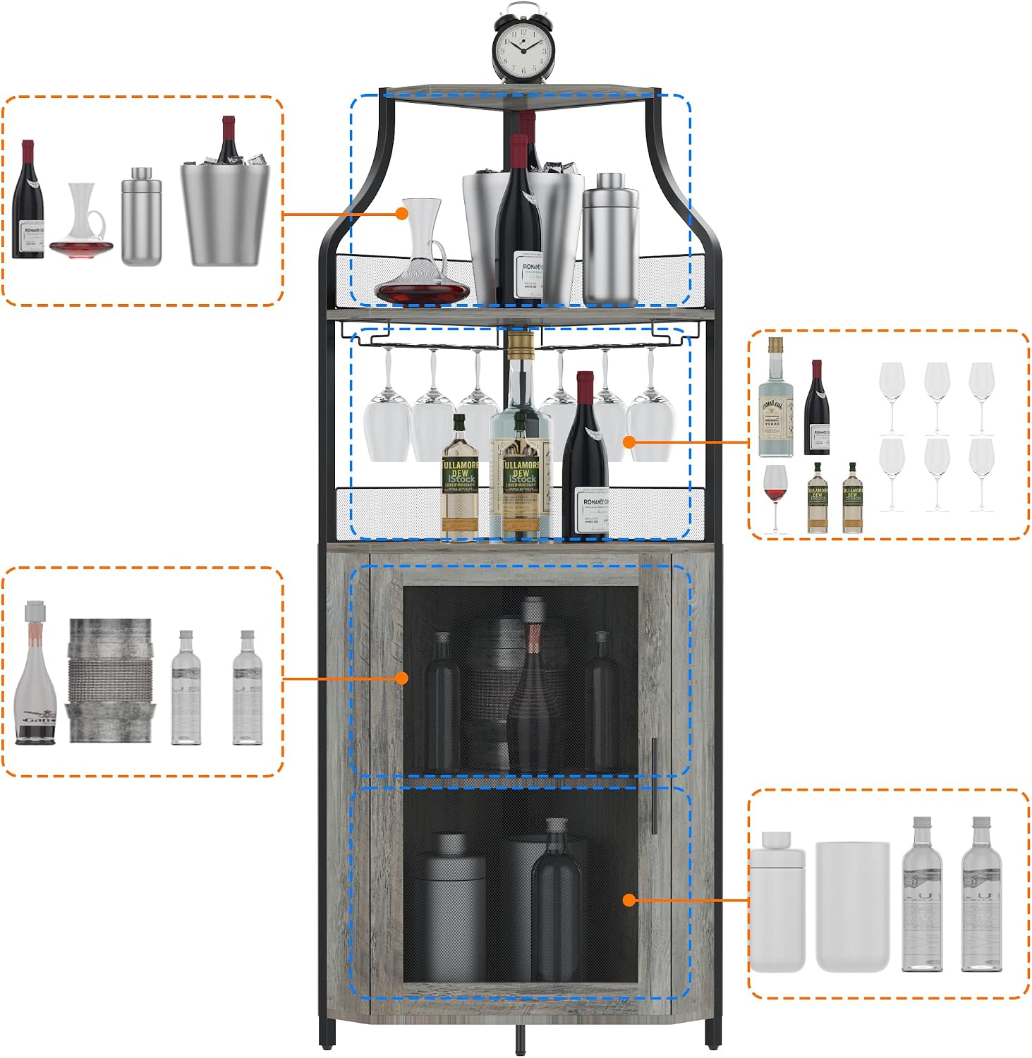 Amyove Corner Wine Bar Cabinet with Detachable Wine Rack, Industrial Wine Cabinet with Glass Holder, Small Sideboard and Liquor Coffee Bar Cabinet with Mesh Door, ‎Grey