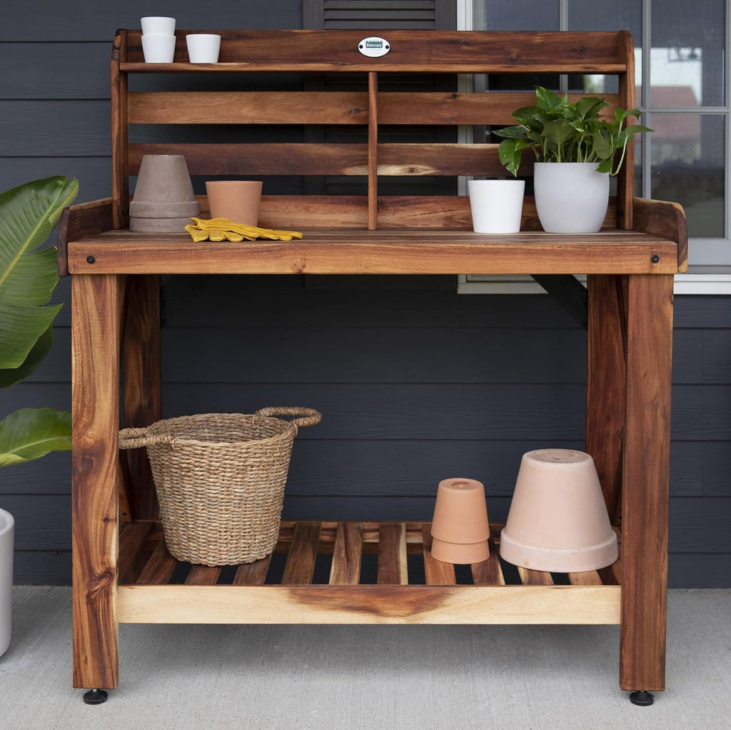 Backyard Discovery 47" Acacia Wood Garden Potting Bench & Serving Bar with Lower Storage Shelf, Leveling Feet, All-Weather Farmhouse Design for Patio, Deck, Porch, Kitchen, Dining Room