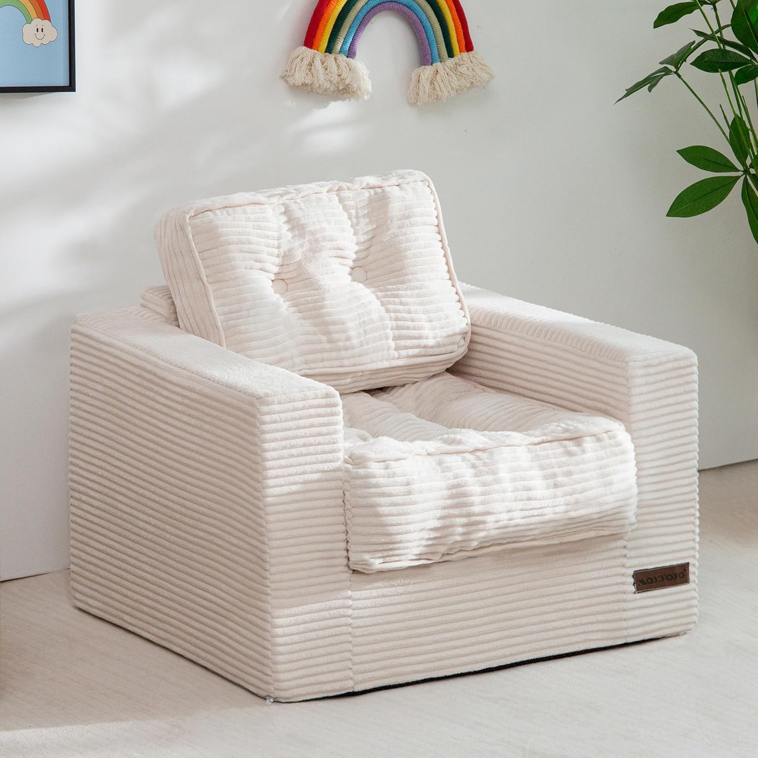 MAXYOYO Kids Bean Bag Chair, Upholstered Bean Bag Sofa Cloud Seat | Boneless Couch with Tufted Cushion & Pillows, Kids Sofa in A Box, No Assembly Required, Beige, Single