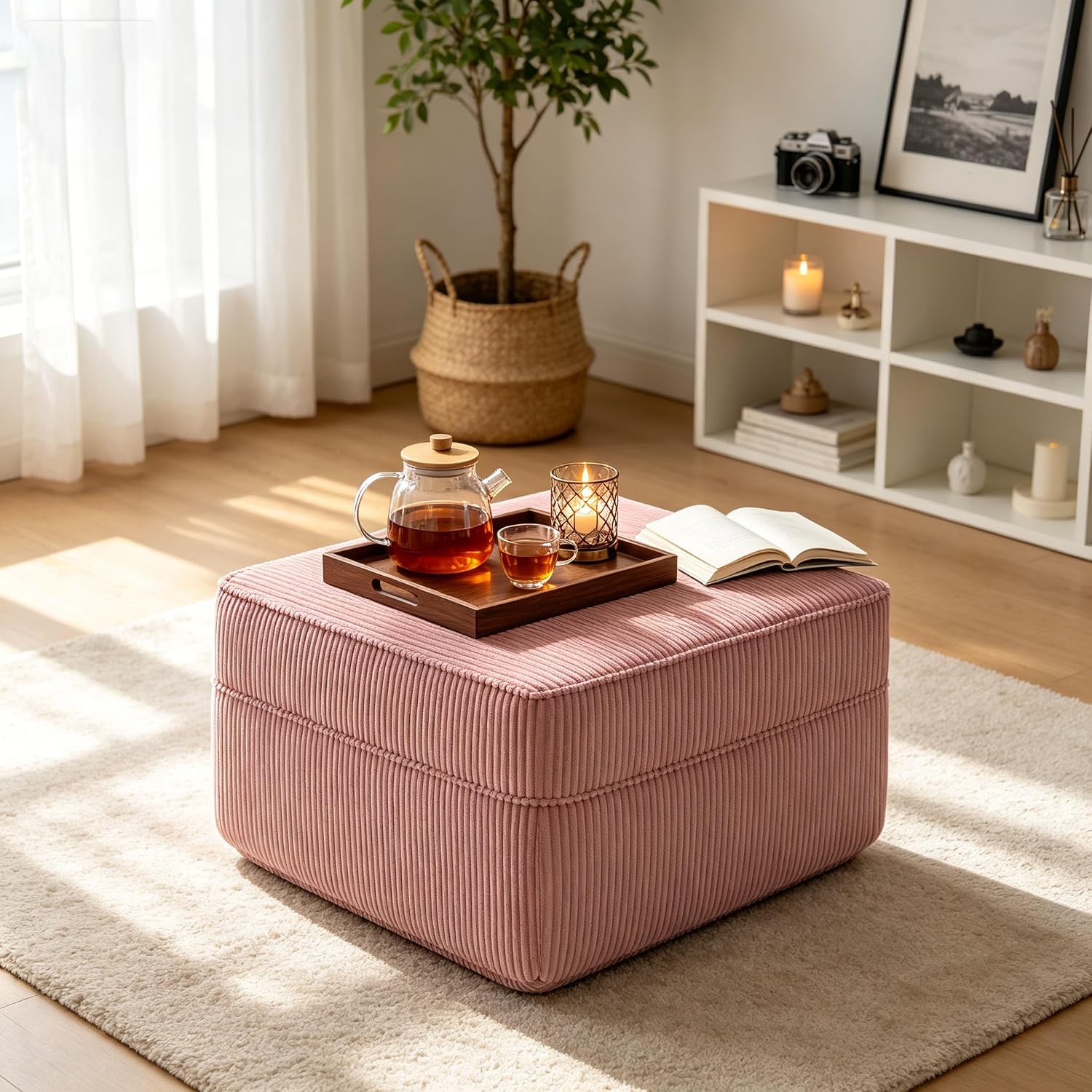Corduroy Ottoman 30.3 Inch - No Assembly Needed Foot Rest Stool, Plush Sag-Free Cloud Boneless Ottoman for Living/Bedroom (Pink)