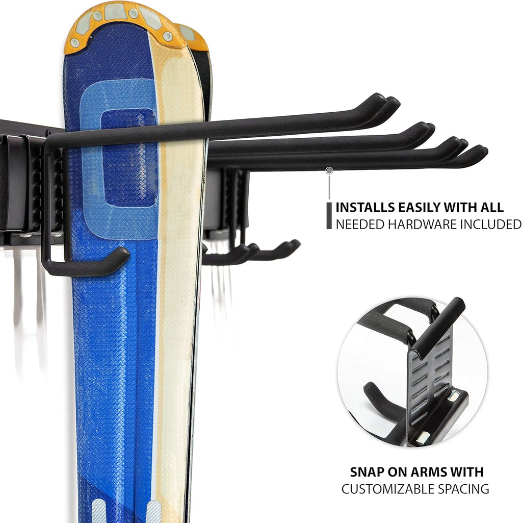 RaxGo Ski Wall Rack, Holds 4 Pairs of Skis & Skiing Poles or Snowboard for Home and Garage Storage, Wall Mounted, Heavy Duty and Adjustable Rubber-Coated Hooks