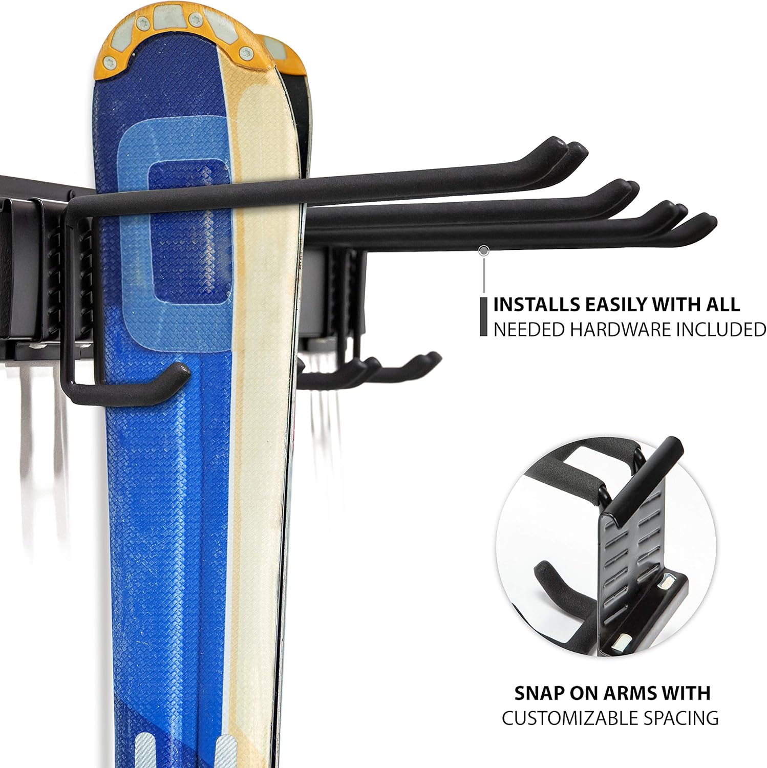 RaxGo Ski Wall Rack, Holds 4 Pairs of Skis & Skiing Poles or Snowboard for Home and Garage Storage, Wall Mounted, Heavy Duty and Adjustable Rubber-Coated Hooks