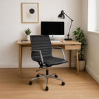 2xhome Modern Office Chairs | Upholstered PU Leather Ribbed Mid Back with Metal Frame | Adjustable Height, Tilt Lock | Computer Desk Chair, Meetings Parent (2, Grand Black, Armchair)