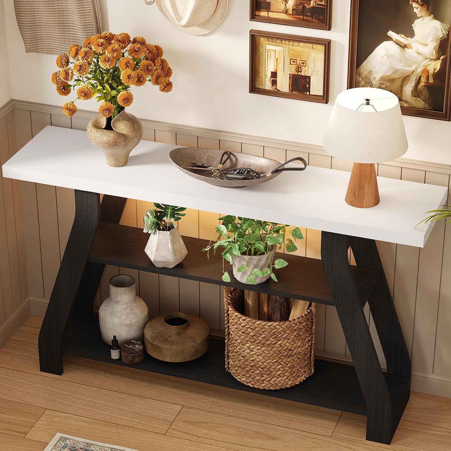 Console Table, 55-Inch Entryway Table with LED Light 3-Tier Narrow Wood Console Tables Behind Couch Sofa Tables for Living Room, Entryway, Hallway (Black+White)