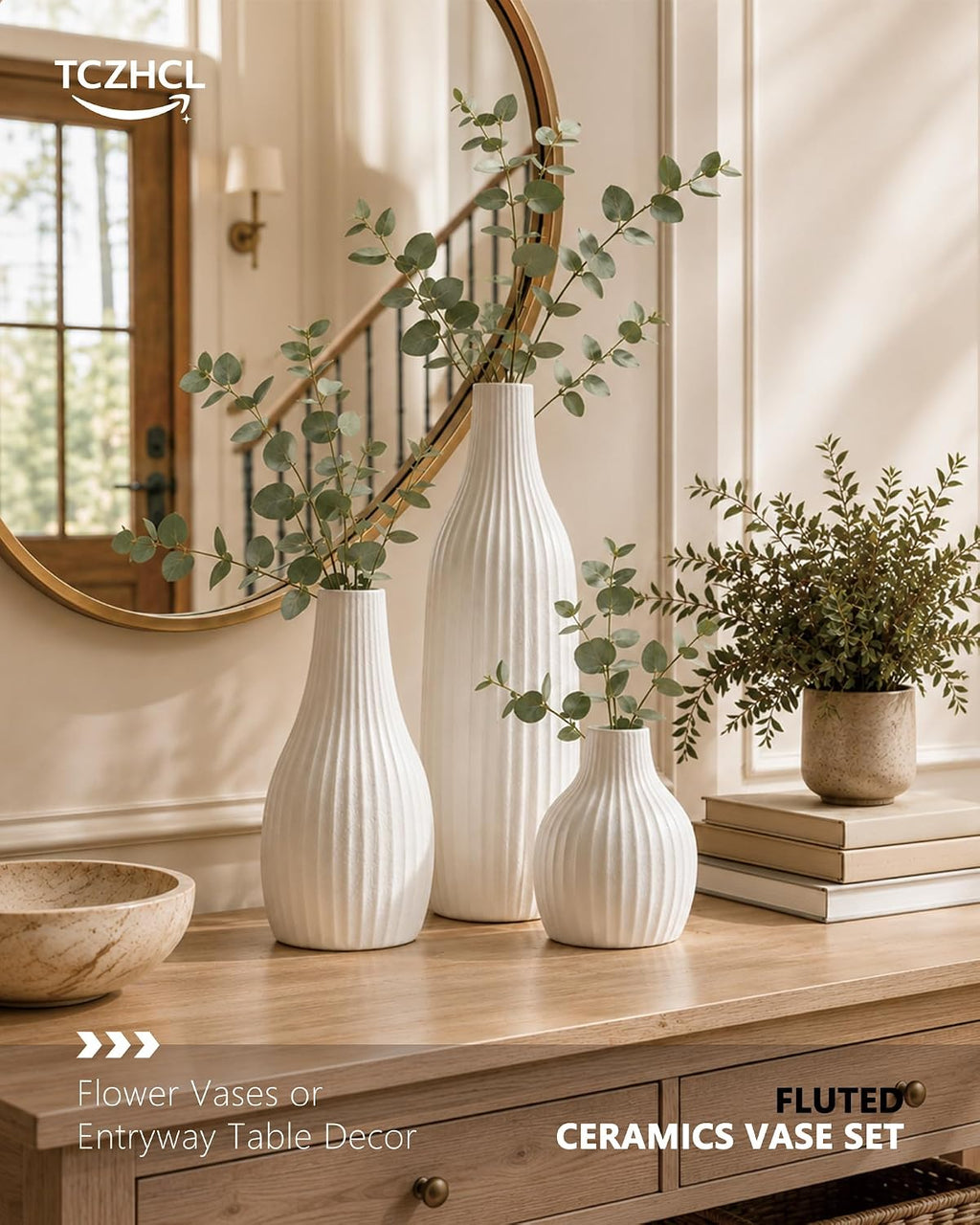 Minimal Line White Ceramic Vase Set of 3 - Modern Nordic Boho Decorative Vases for Home Table Decor, Shelf, Entryway, Coffee Table, Dining Table Centerpiece, Fireplace Mantel - Matte White