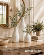 Minimal Line White Ceramic Vase Set of 3 - Modern Nordic Boho Decorative Vases for Home Table Decor, Shelf, Entryway, Coffee Table, Dining Table Centerpiece, Fireplace Mantel - Matte White