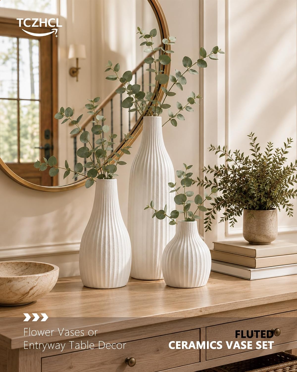 Minimal Line White Ceramic Vase Set of 3 - Modern Nordic Boho Decorative Vases for Home Table Decor, Shelf, Entryway, Coffee Table, Dining Table Centerpiece, Fireplace Mantel - Matte White