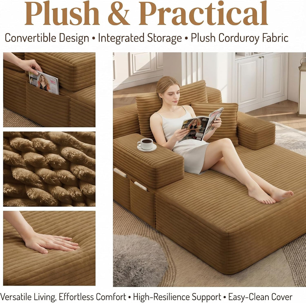 61 inch Boneless Chaise Lounge Chair Indoor, Oversized Corduroy Lounge, Deep Seat Sofa Bed for Living Room, Comfy Reading Nook Chair for Small Spaces, No Assembly Required, Camel