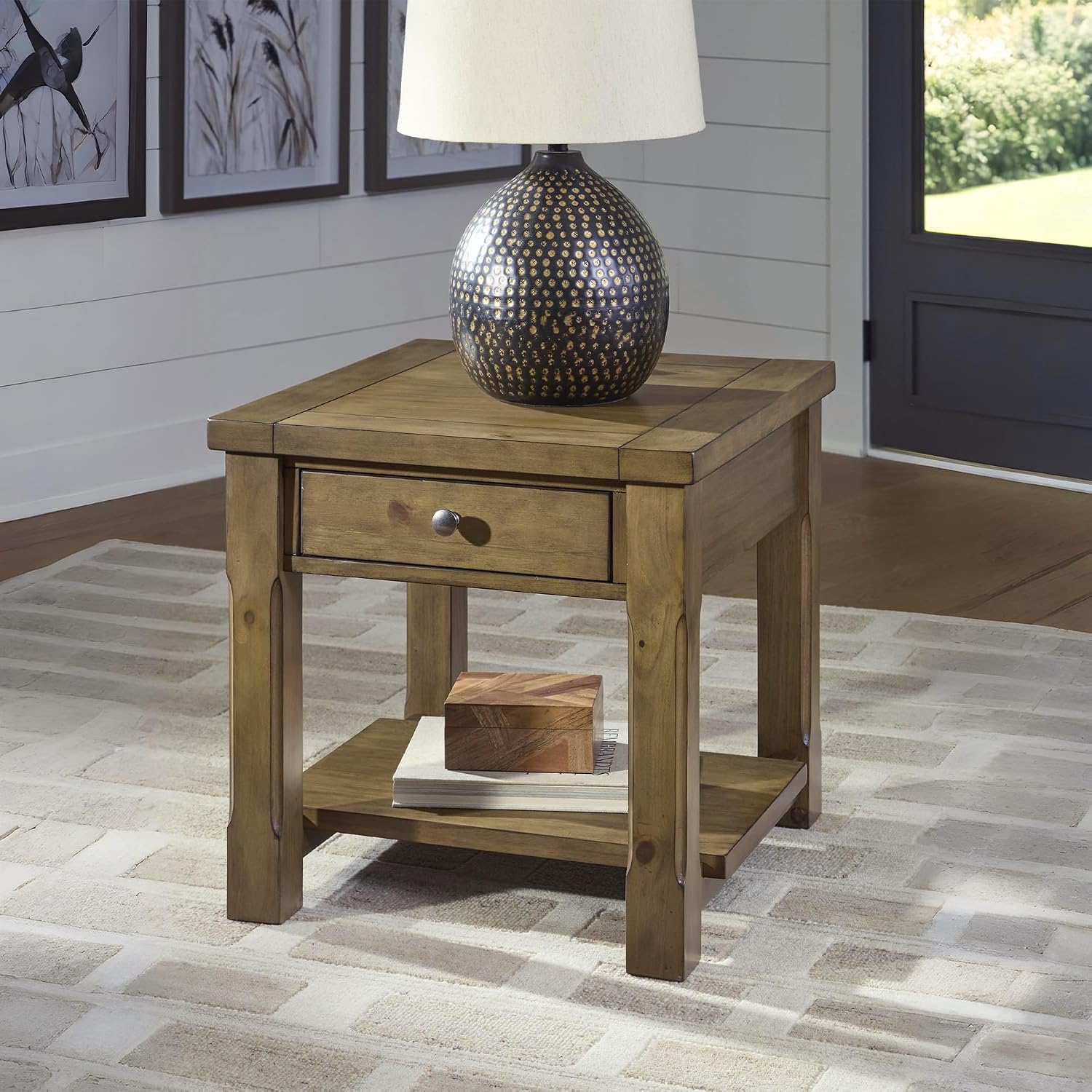 Signature Design by Ashley Vandenmore Casual 1-Drawer End Table with Bottom Shelf, Light Brown