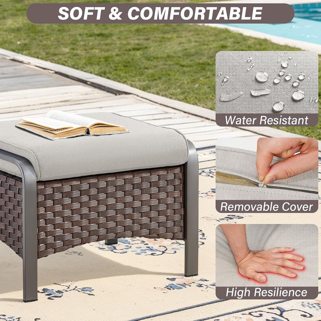 Belord Outdoor Ottomans for Patio - 250 LBS Weight Capacity PE Wicker Foot Rest Ottoman Set of 2 with Metal Frame Multipurpose Outdoor Foot Stool for Porch Balcony Backyard Brown