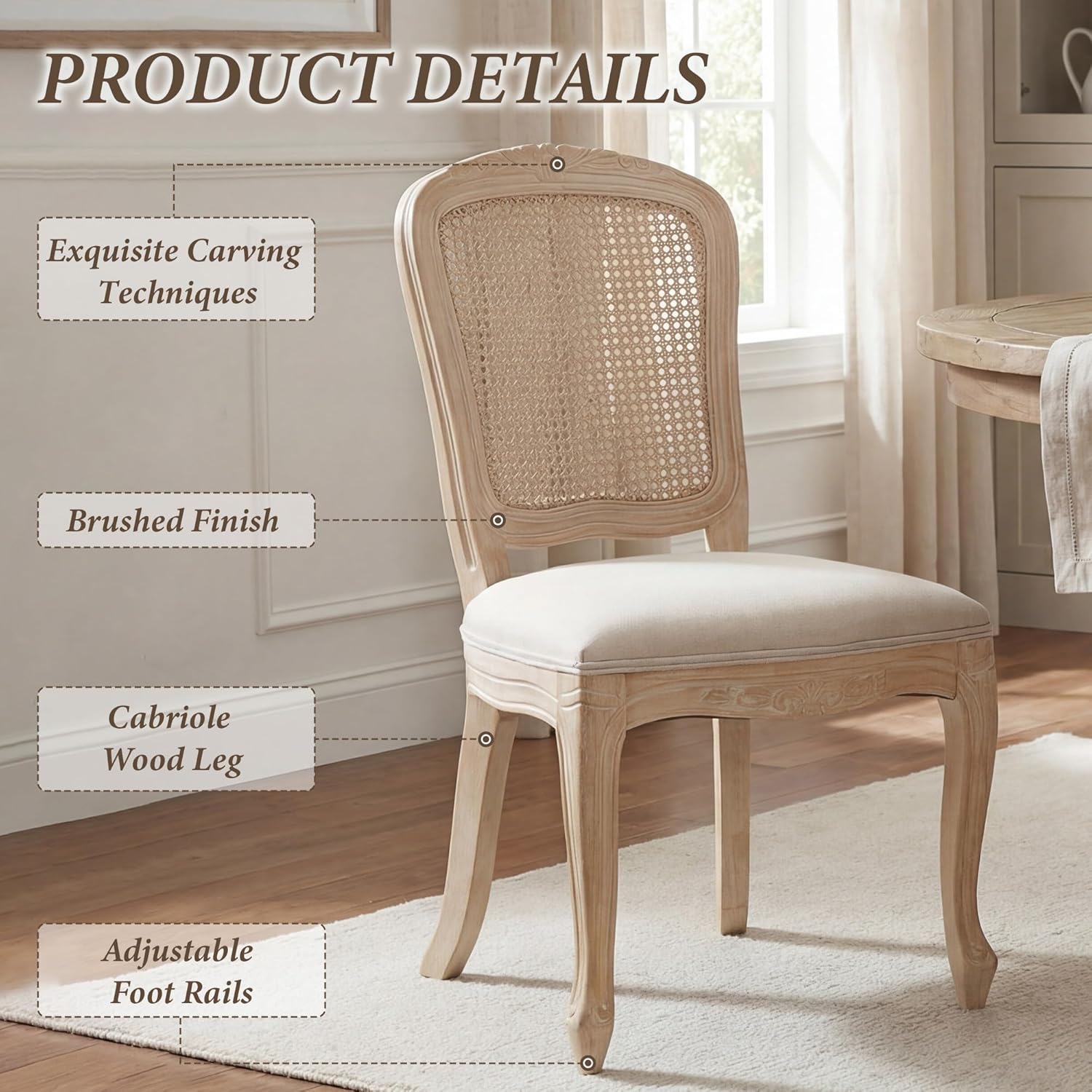 Wicker Dining Chairs Set of 2, Upholstered Linen Fabric Dining Room Chairs with Square High Rattan Back Farmhouse French Kitchen Chairs for Dining Table/Living Room/Restaurant, White