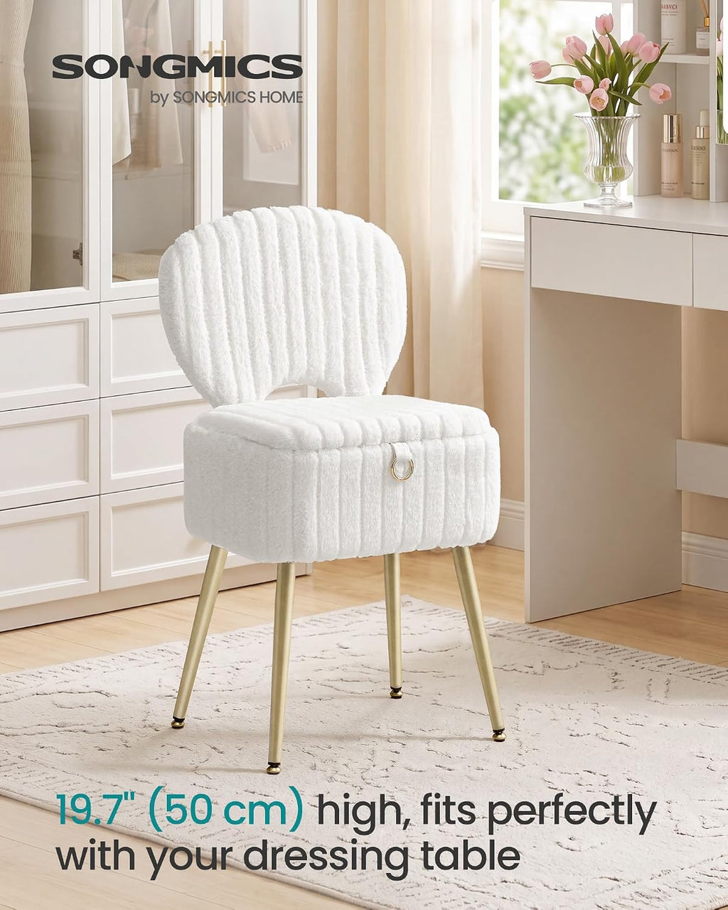 SONGMICS Small Vanity Chair with Storage and Folding Back, Vanity Stool, Footrest Footstool Ottoman, Dressing Table Stool, Furry Padded Seat, for Makeup Room, Bedroom, Cream White ULOM532WD01