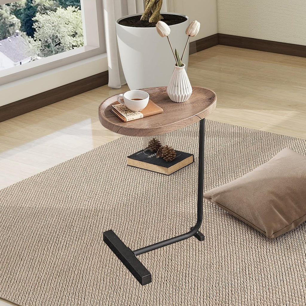 LUCKYERMORE C Shaped End Table,Sofa Side Table with Metal Base,Large Circular Tray Wood Top,Easy Install Heavy Duty Side Table,TV Tray for Couch Sofa,17.7 * 11.8 * 24.4inches