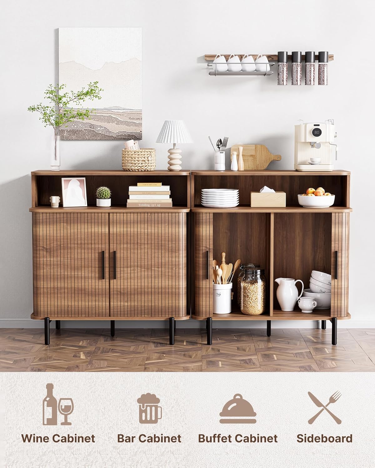 SUNCOZE Buffet Sideboard Cabinet with Big Storage Space, Fluted Coffee Bar Cabinet with Shelves, Modern Wood Console Cabinet for Kitchen, Entryway & Living Room (Walnut)