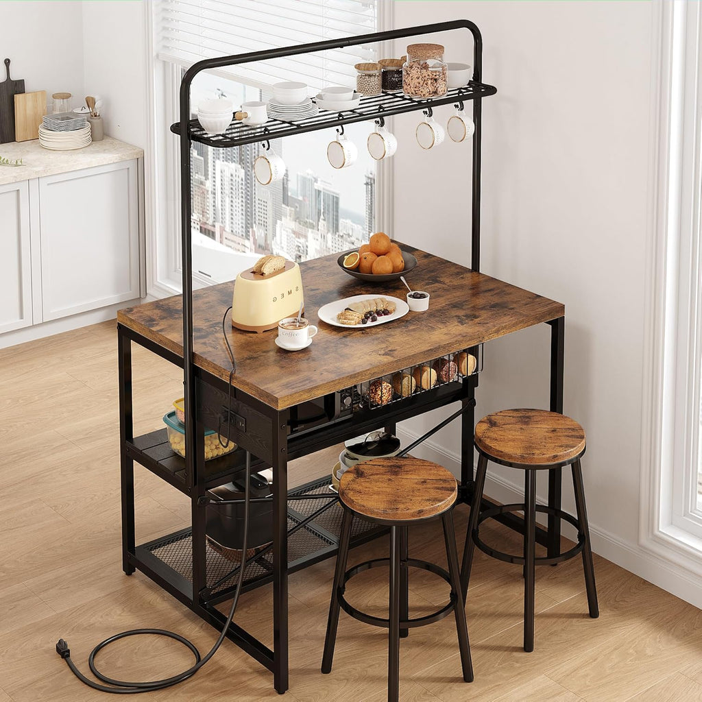 Jocoevol Kitchen Island with Storage, Bakers Rack with Storage & 3-Tier Shelves, Microwave Stand Coffee Bar Table with Hooks, Industrial Kitchen Island Table for Dining Living Room,Vintage