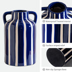 SURE YUESI Blue Ceramic Vase with Handles, Modern Farmhouse Striped Decorative Vase, 9.1" Art Deco Tall Flower Vases for Pampas Grass, Shelf Decor, Dining Table Centerpiece, Living Room Home Decor