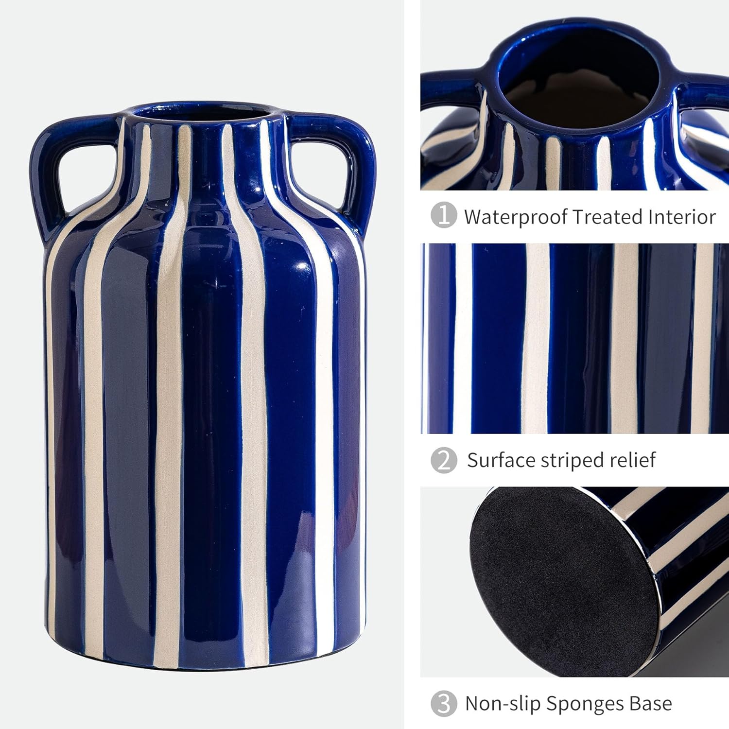 SURE YUESI Blue Ceramic Vase with Handles, Modern Farmhouse Striped Decorative Vase, 9.1" Art Deco Tall Flower Vases for Pampas Grass, Shelf Decor, Dining Table Centerpiece, Living Room Home Decor