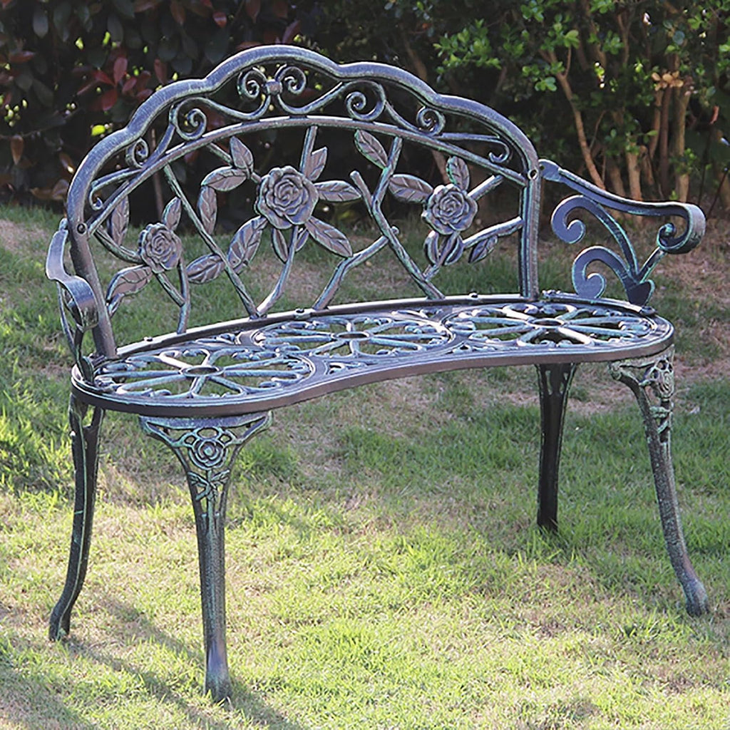 Patio Bench Double Seat, Cast Aluminum Outdoor Furniture with Floral Rose for Patio, Park, Lawn, Yard(C1)