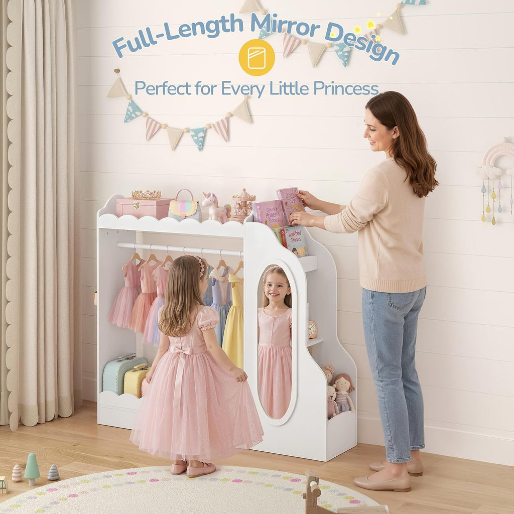 Curipeer Kids Dress Up Storage with Mirror, Bookshelf & Toy Storage, Scalloped Design Princess Closet for Little Girls, Kids Dress Up Rack, Open Hanging Armoire Wardrobe for Bedroom, Playroom, White