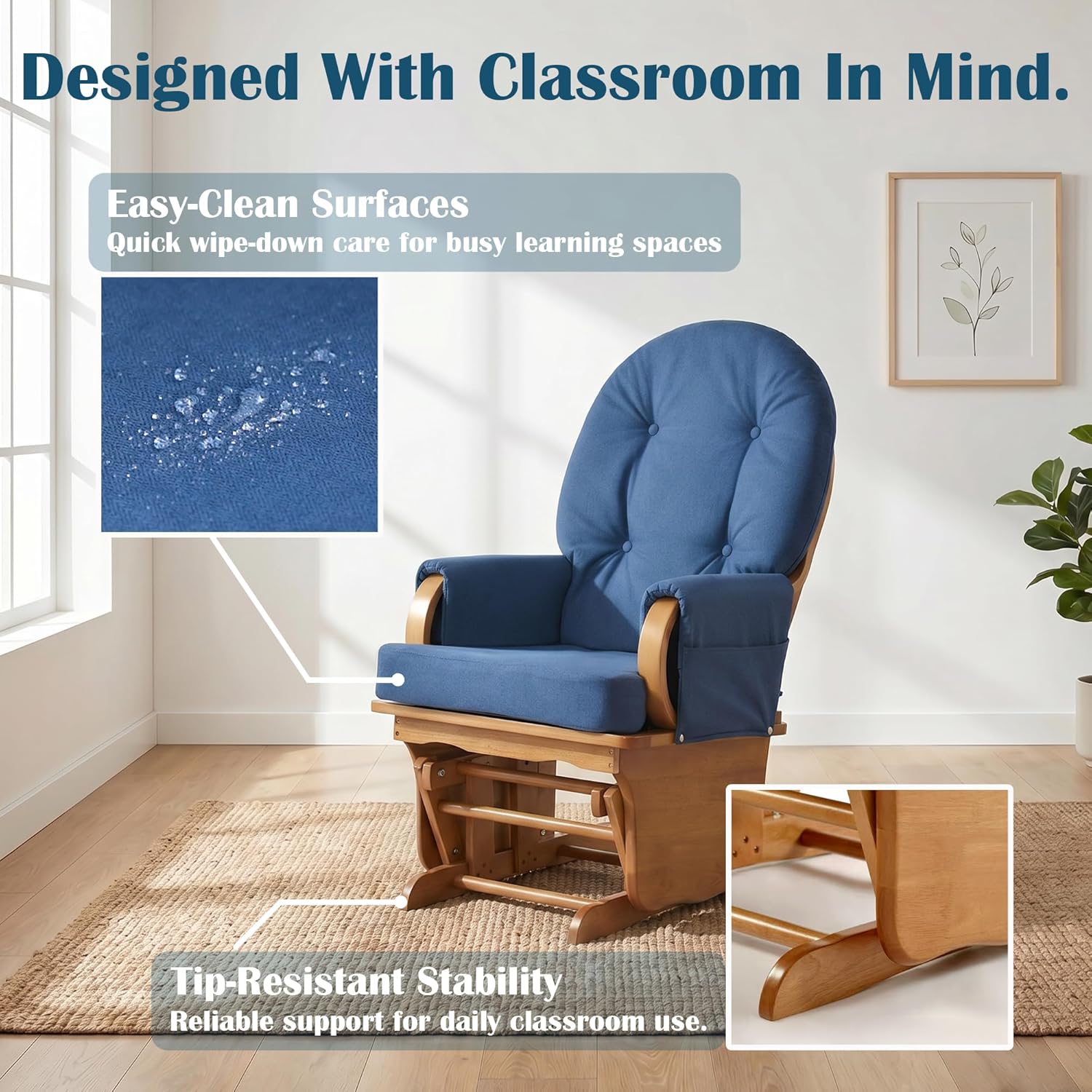 GUIDEWILL Nursery Glider Chair with Solid Rubberwood Frame, Smooth Gliding Rocking Chair for Baby Feeding or Daycare, Padded Foam Arm Rests, Side Storage Pockets, Blue