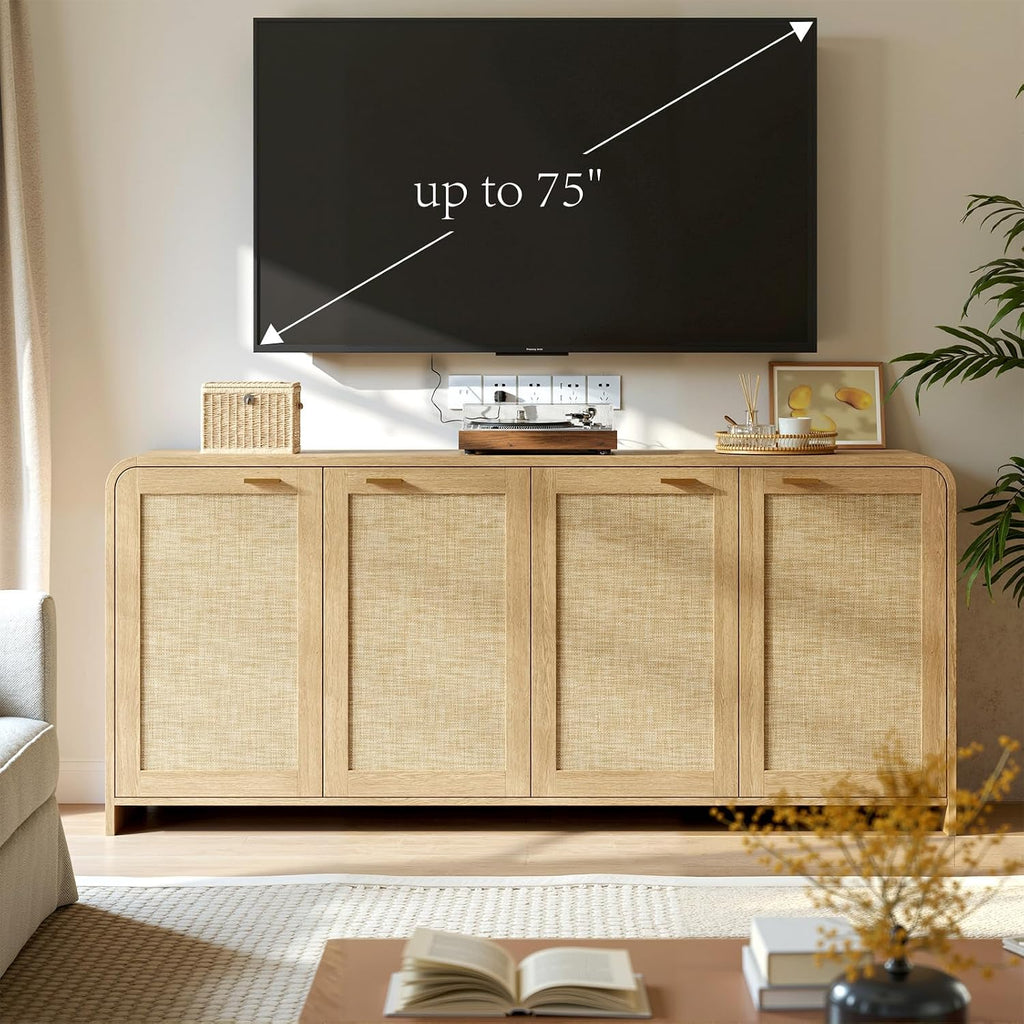 Evermagin 67" Rattan Buffet Cabinet with Storage, Boho Sideboard Cabinet with 4 Doors, Large Credenza Sideboard Buffet for Living Room, Kitchen and Hallway, Natural Oak