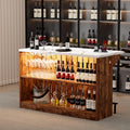 55-Inch Home Bar Unit, 2-Tier Drop Leaf Mini Bar Table with LED Light & Charging Station, Modern Faux Marble Counter Height Pub Table with Footrest for Dining Room, Living Room, Bistro