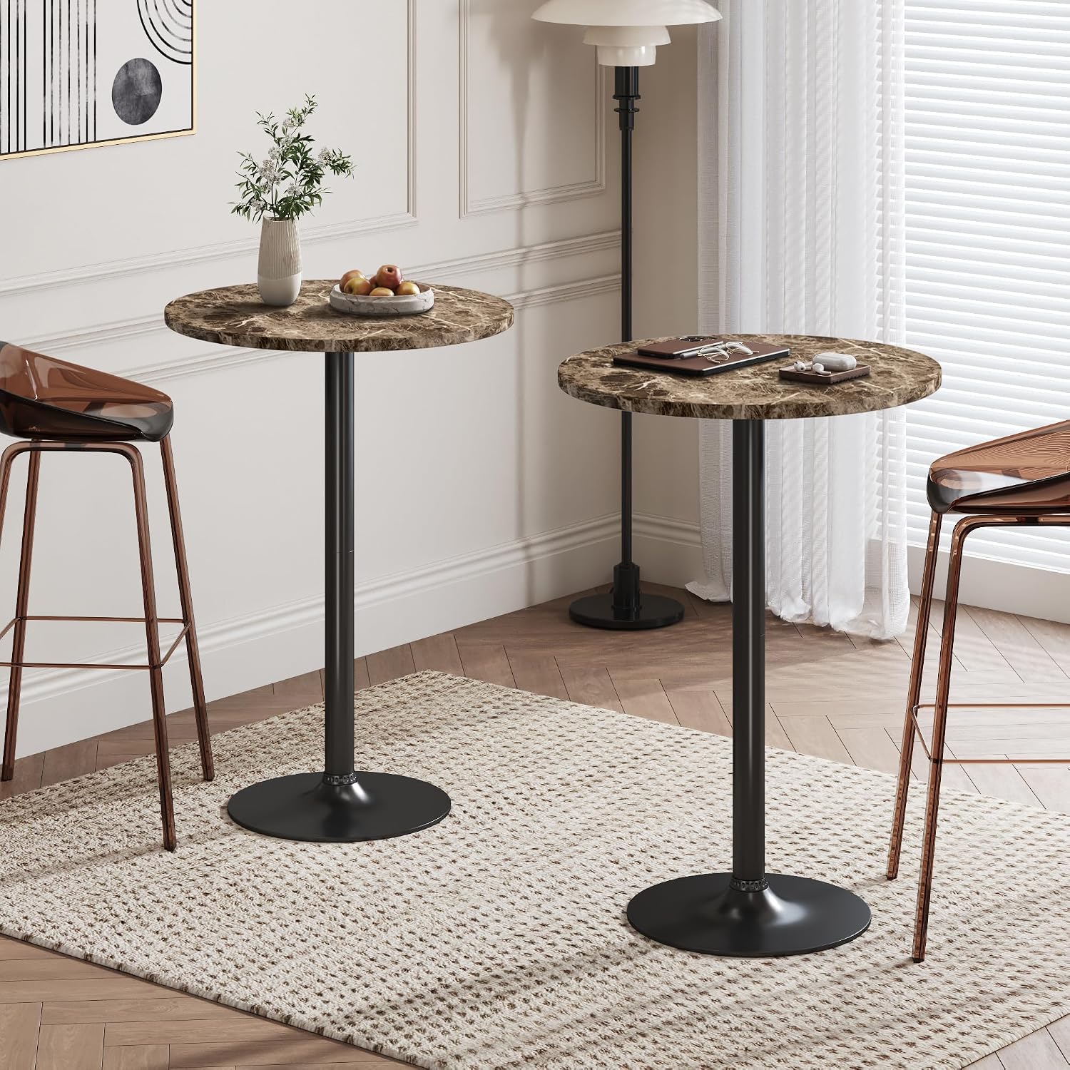 Flamaker Round Bistro Pub Table Modern Style Metal Base MDF Top Cocktail Bar Table Counter Bar Height for Pub, Dining Room, Party (2, Marble-Black)