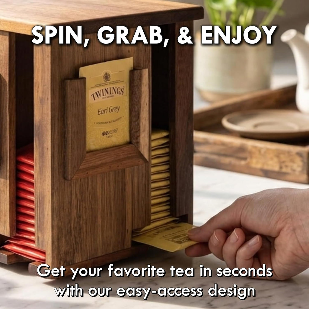 Rotating Tea Bag Organizer, Acacia Wood, 4-Sided | Storage Box, For Home or Office, 4-Sided Rotating Design